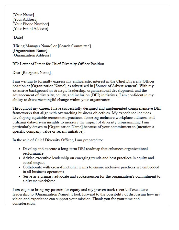 Letter of Intent for Chief Diversity Officer Executive Employment