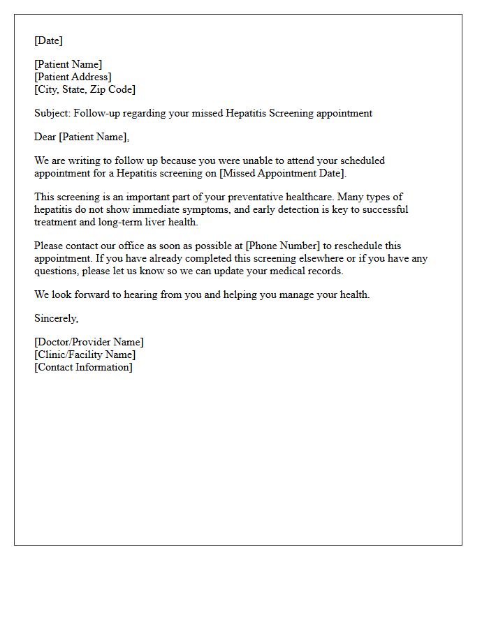 Missed Appointment for Hepatitis Screening Follow-Up Letter
