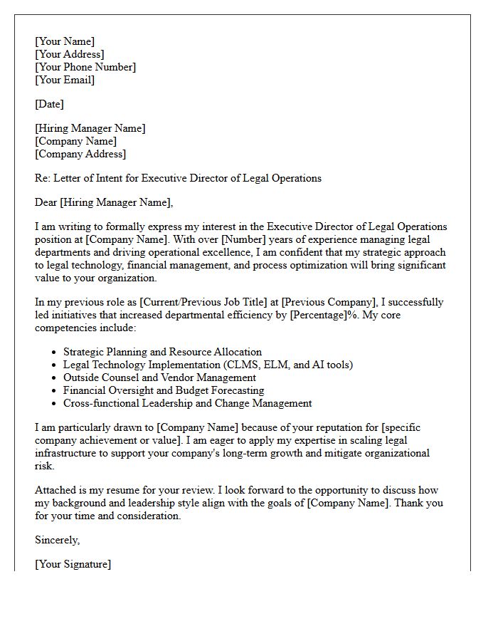 Letter of Intent for Executive Director of Legal Operations Employment