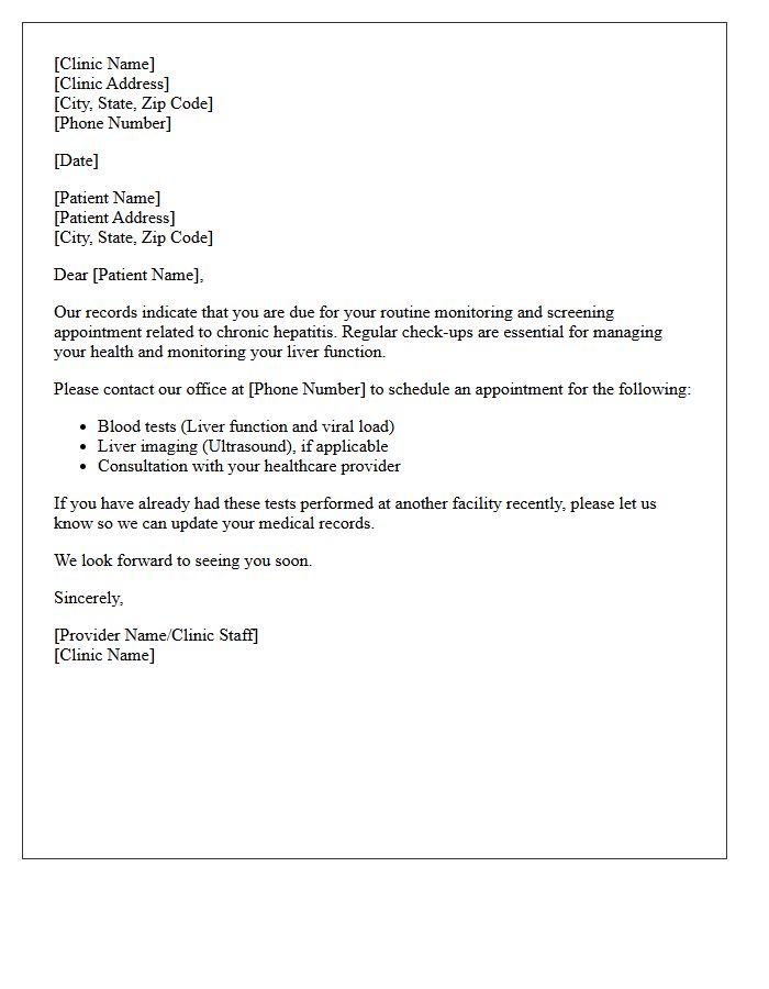 Chronic Hepatitis Monitoring and Screening Recall Letter