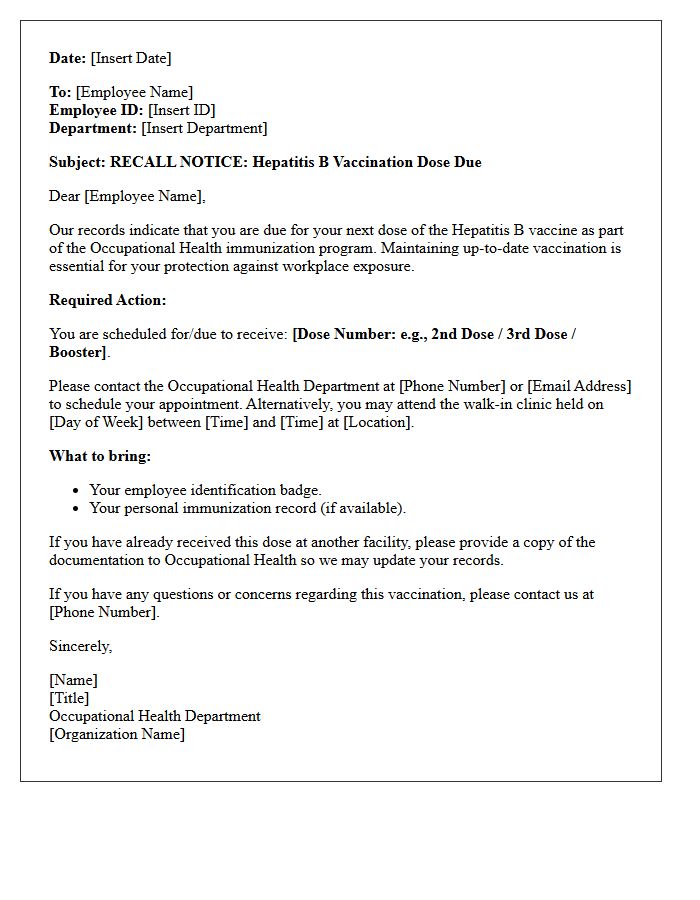 Occupational Health Hepatitis Vaccination Recall Letter