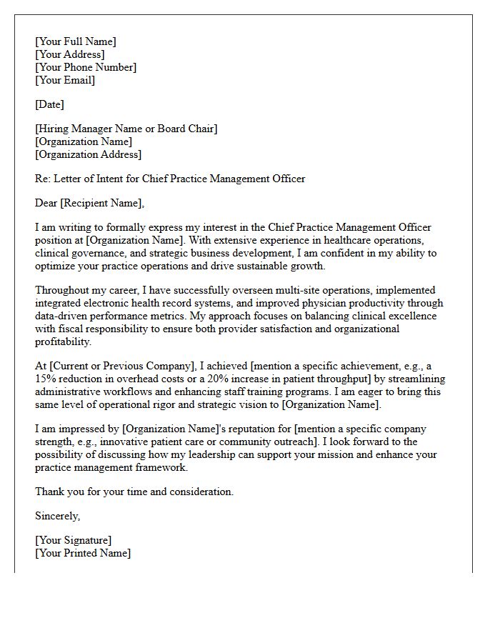 Letter of Intent for Chief Practice Management Officer Executive Employment