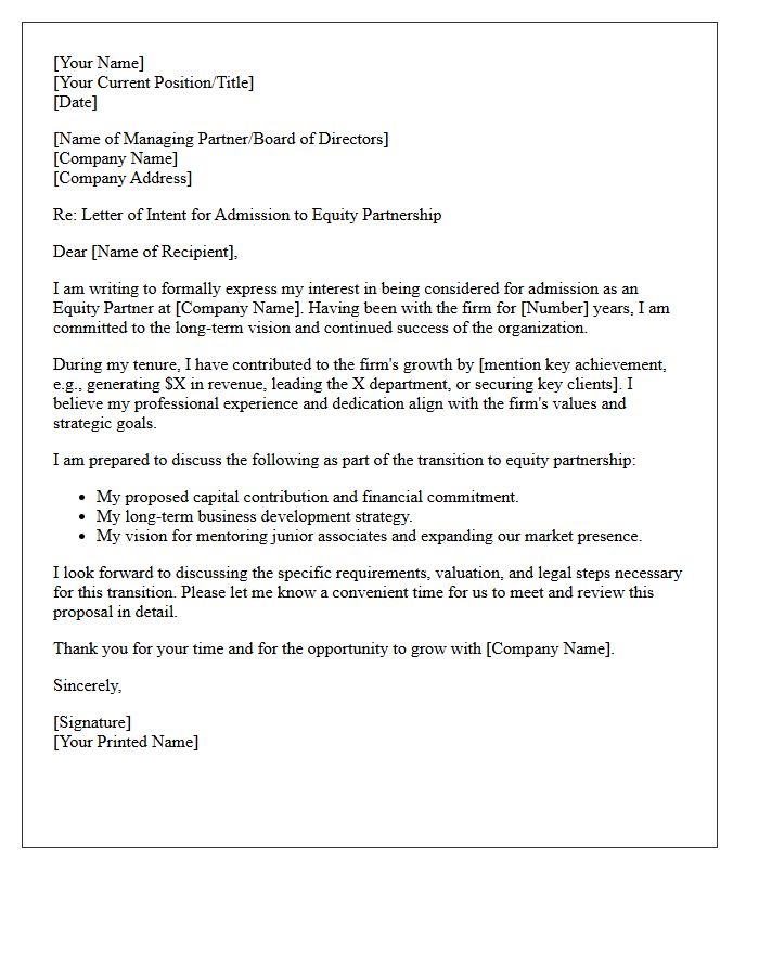 Letter of Intent for Equity Partnership Admission