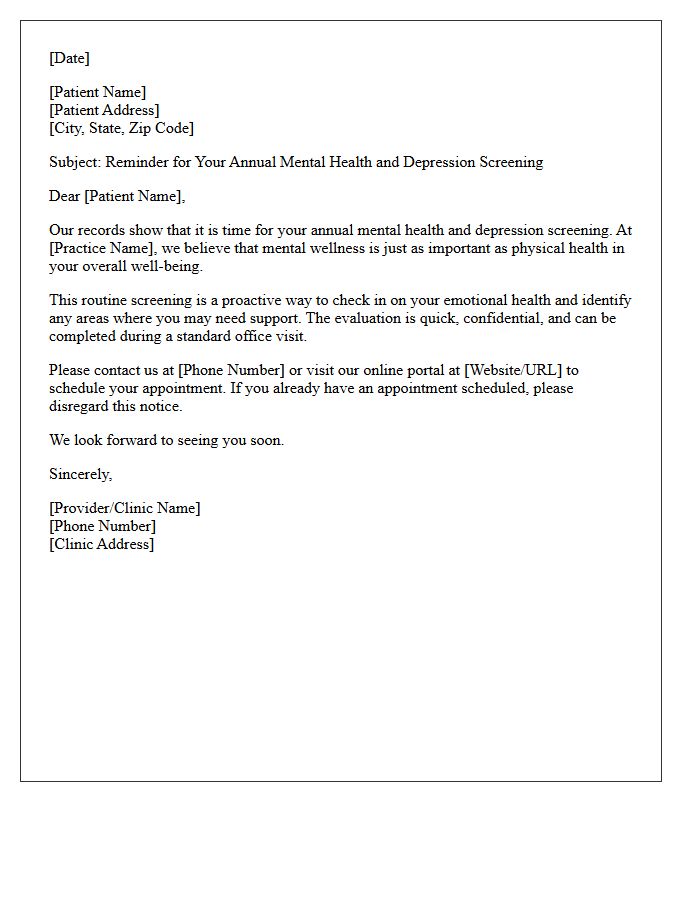 Annual Mental Health and Depression Screening Recall Letter