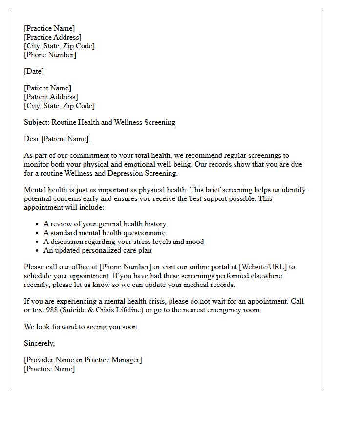 Routine Depression Screening and Wellness Recall Letter