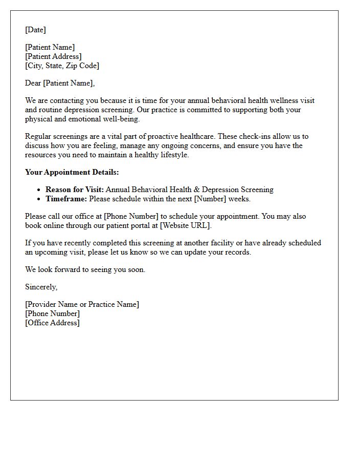 Patient Recall Letter for Behavioral Health and Depression Screening