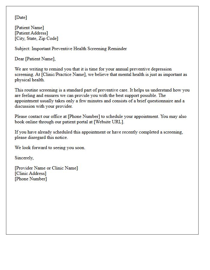 Preventive Depression Screening Appointment Recall Letter