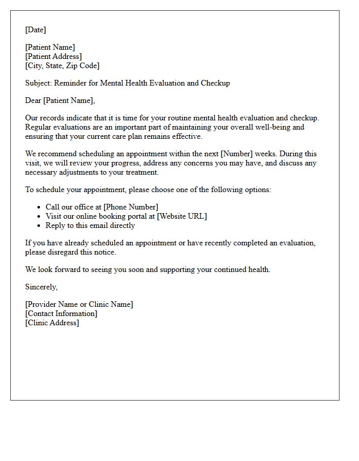Mental Health Evaluation and Checkup Recall Letter