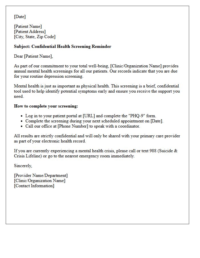 Confidential Depression Screening Reminder Letter
