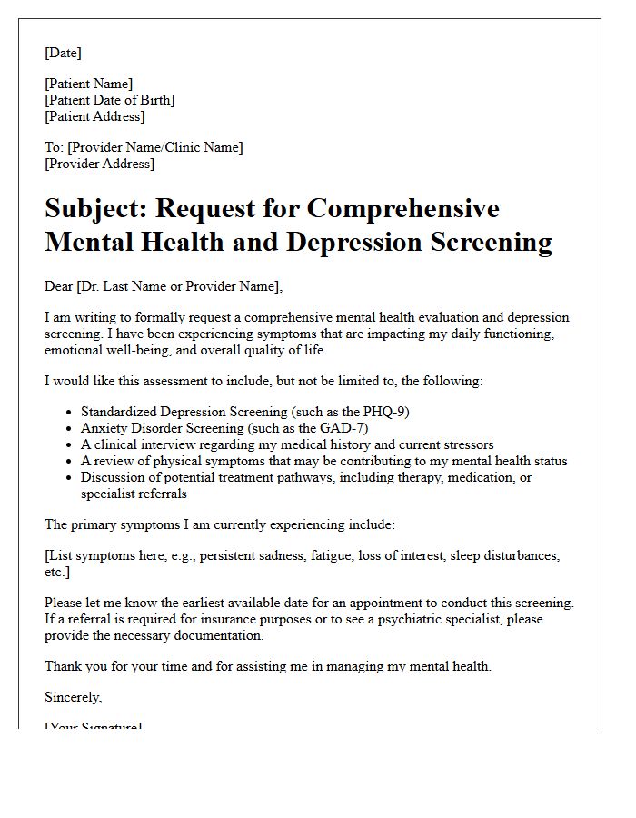 Comprehensive Mental Health and Depression Screening Letter