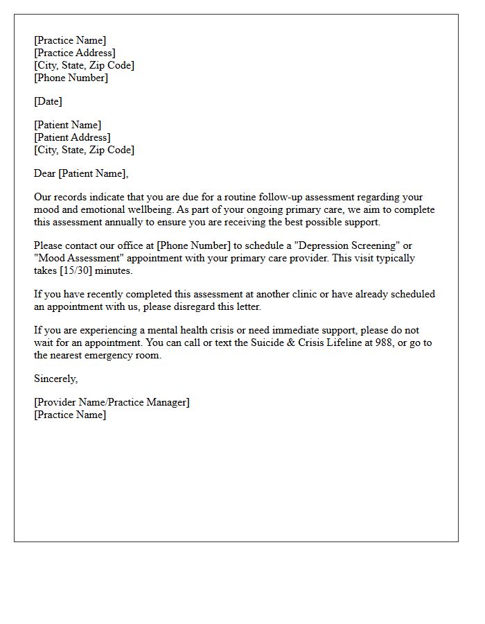 Primary Care Depression Assessment Recall Letter