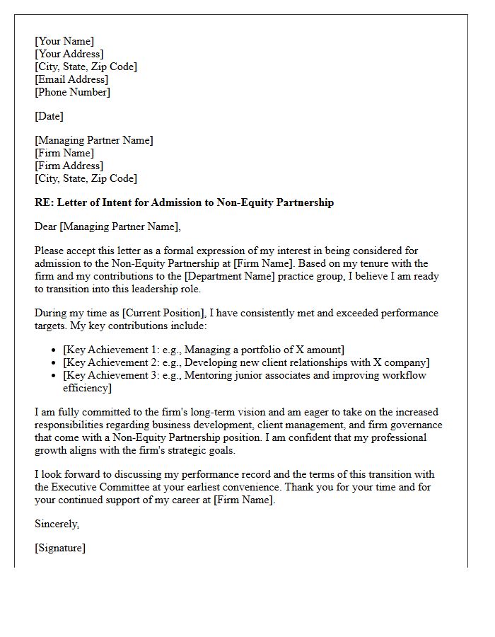 Letter of Intent for Non-Equity Partnership Admission
