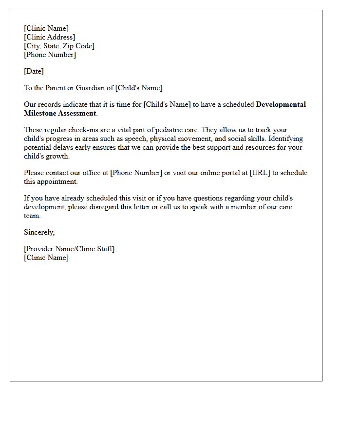 Pediatric Developmental Milestone Assessment Recall Letter