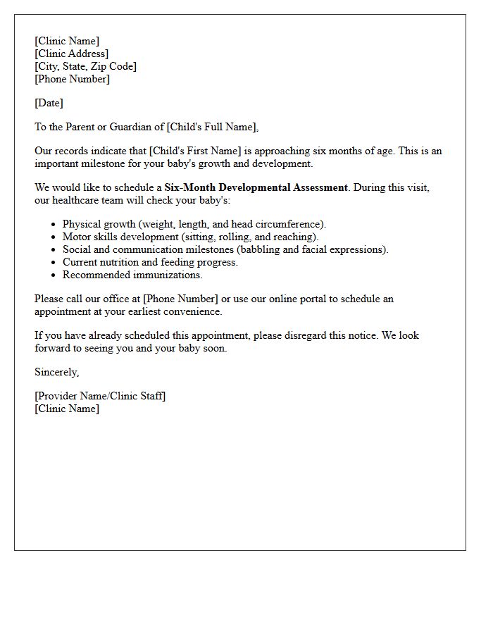 Six Month Infant Developmental Assessment Recall Letter
