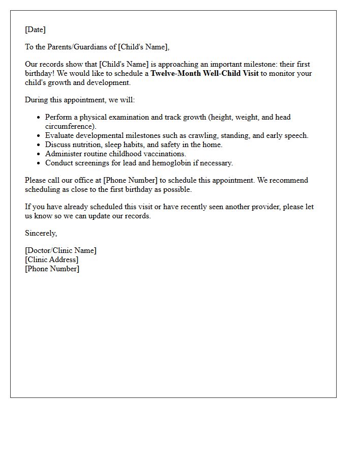 Twelve Month Well Child Milestone Evaluation Recall Letter