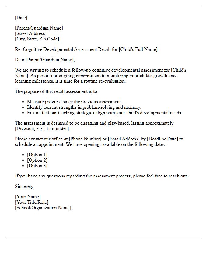 Preschool Cognitive Developmental Assessment Recall Letter