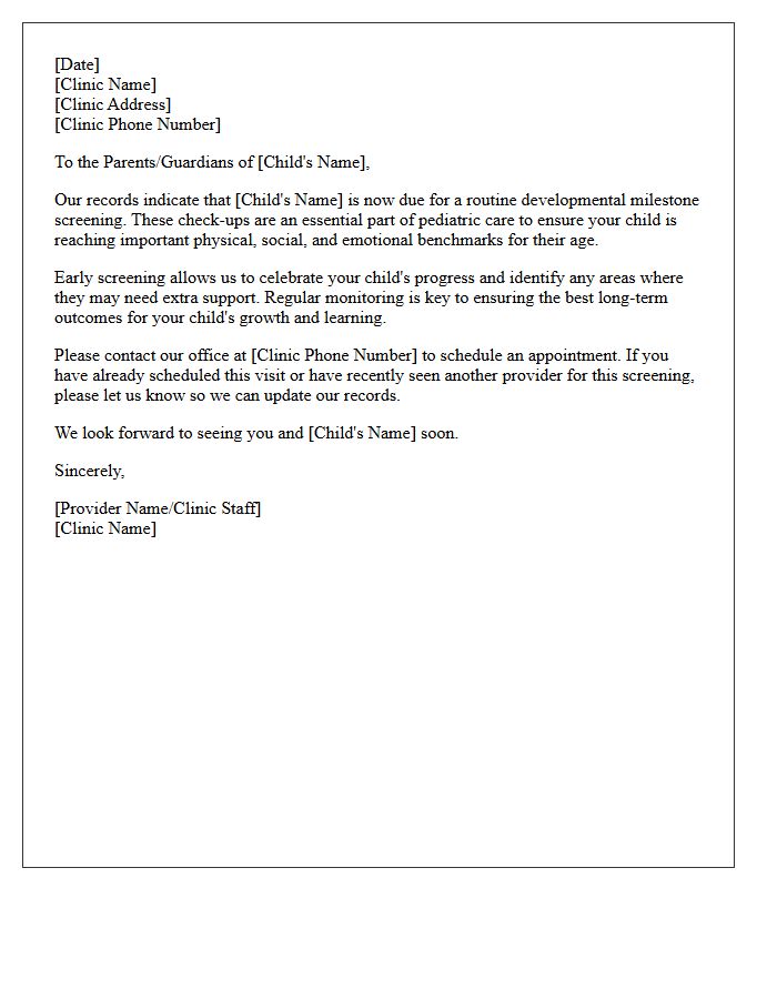 Overdue Pediatric Developmental Milestone Recall Letter