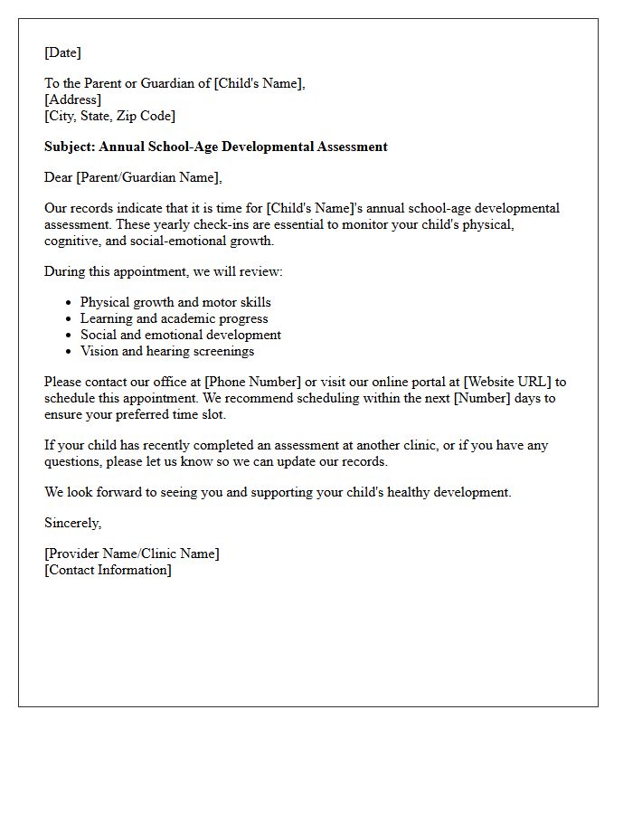 Annual School Age Developmental Assessment Recall Letter