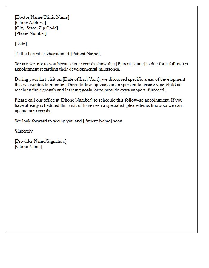 Missed Pediatric Milestone Follow Up Recall Letter