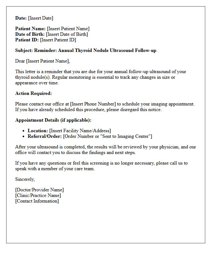 Annual Thyroid Nodule Ultrasound Recall Letter