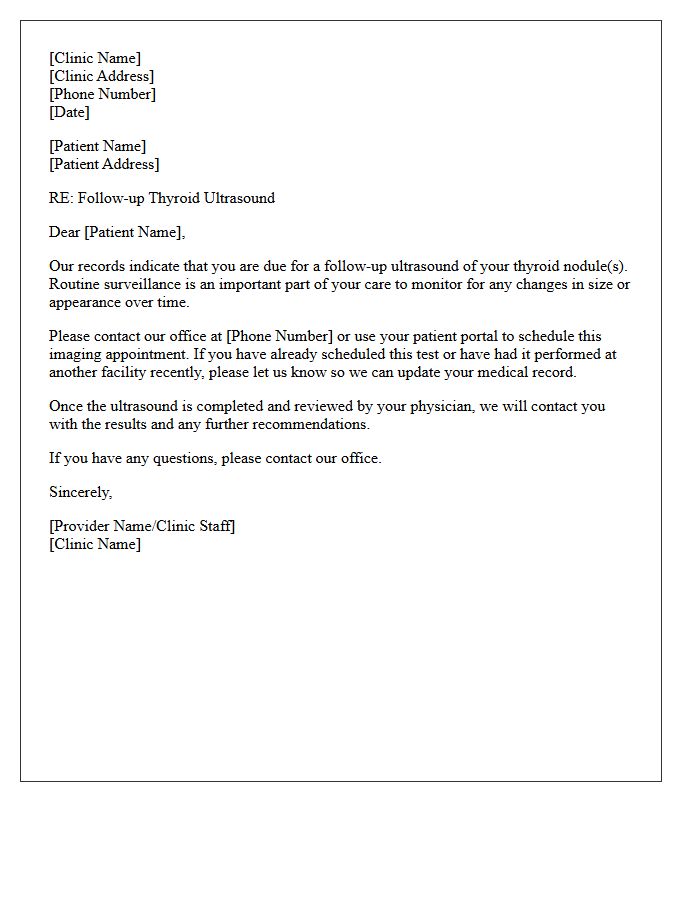 Thyroid Nodule Surveillance Ultrasound Recall Letter