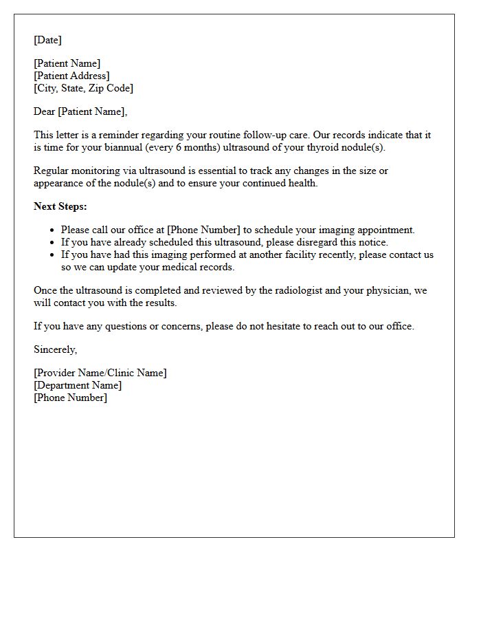 Biannual Thyroid Nodule Ultrasound Follow-Up Letter