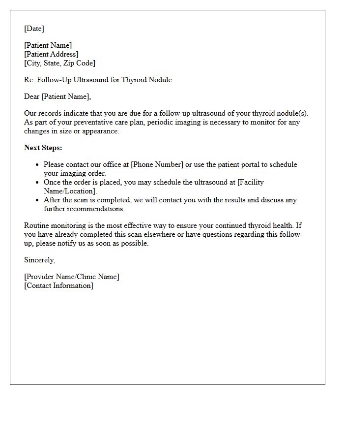 Preventative Care Thyroid Nodule Ultrasound Follow-Up Letter
