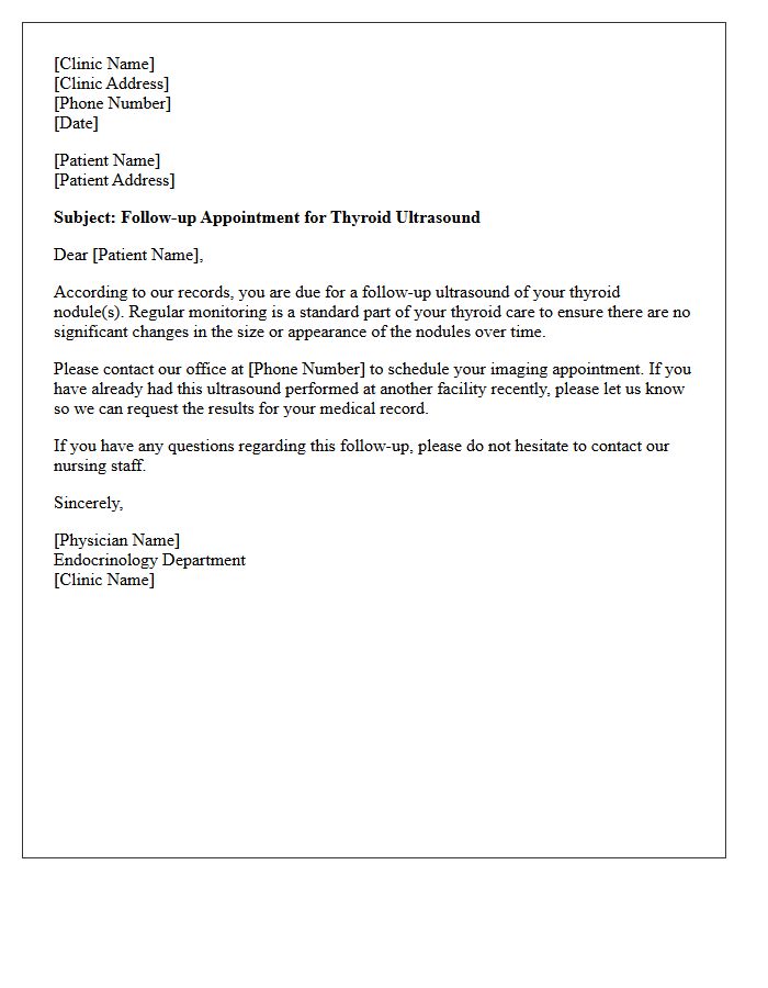 Endocrinology Clinic Thyroid Nodule Ultrasound Recall Letter