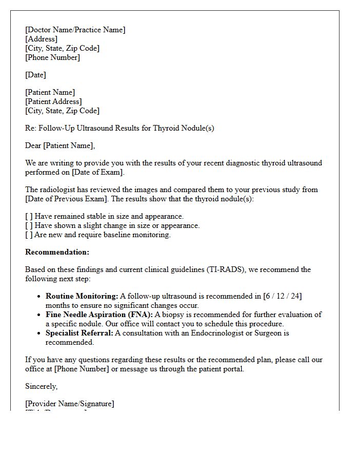 Diagnostic Ultrasound Follow-Up Letter for Thyroid Nodules