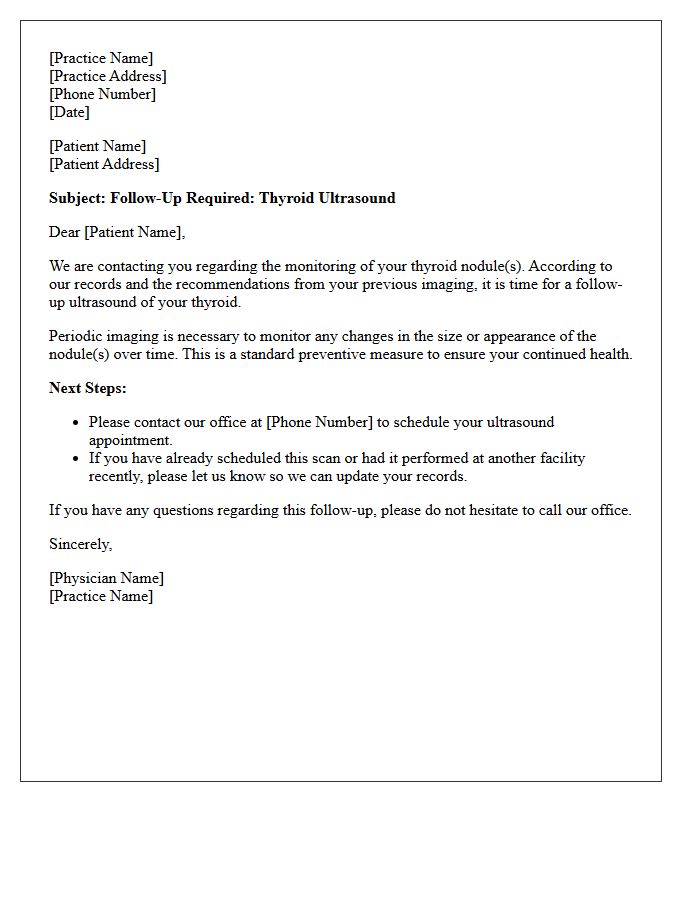 Physician Recall Letter for Thyroid Nodule Ultrasound Follow-Up