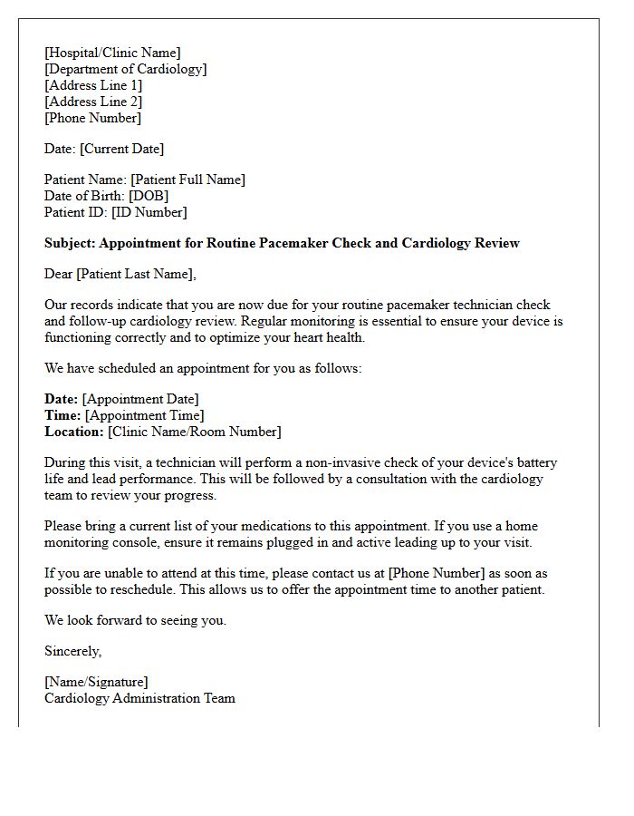 Routine Pacemaker Check and Cardiology Review Recall Letter