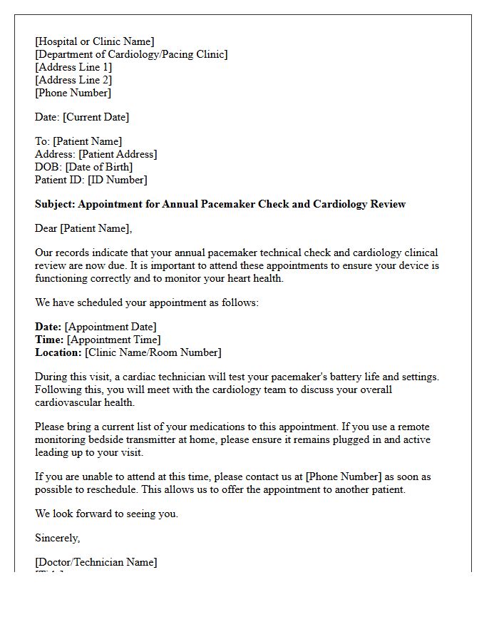 Annual Pacemaker Check and Cardiology Review Recall Letter