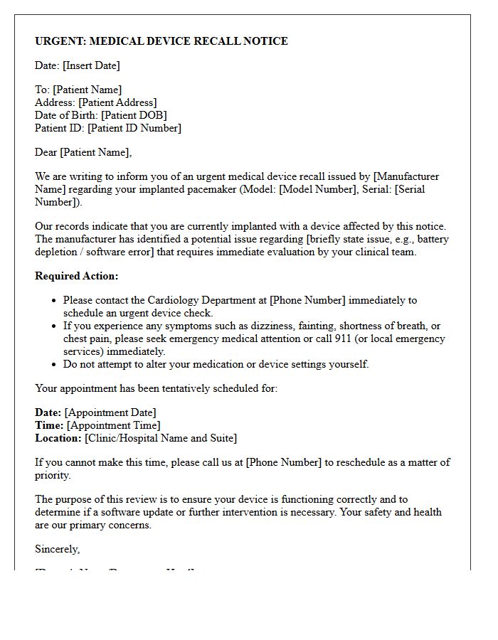 Urgent Pacemaker Check and Cardiology Review Recall Letter