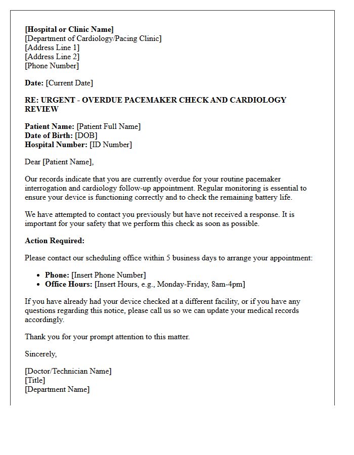 Overdue Pacemaker Check and Cardiology Review Recall Letter