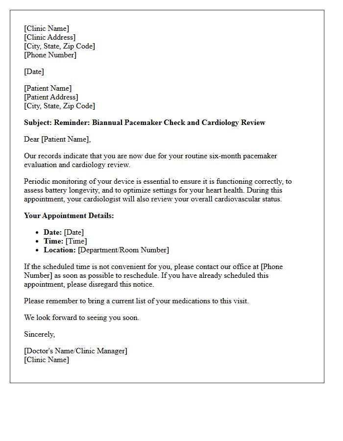 Biannual Pacemaker Check and Cardiology Review Recall Letter
