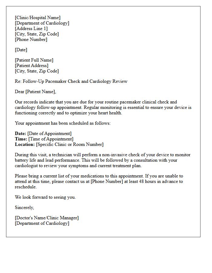 Follow-Up Pacemaker Check and Cardiology Review Recall Letter