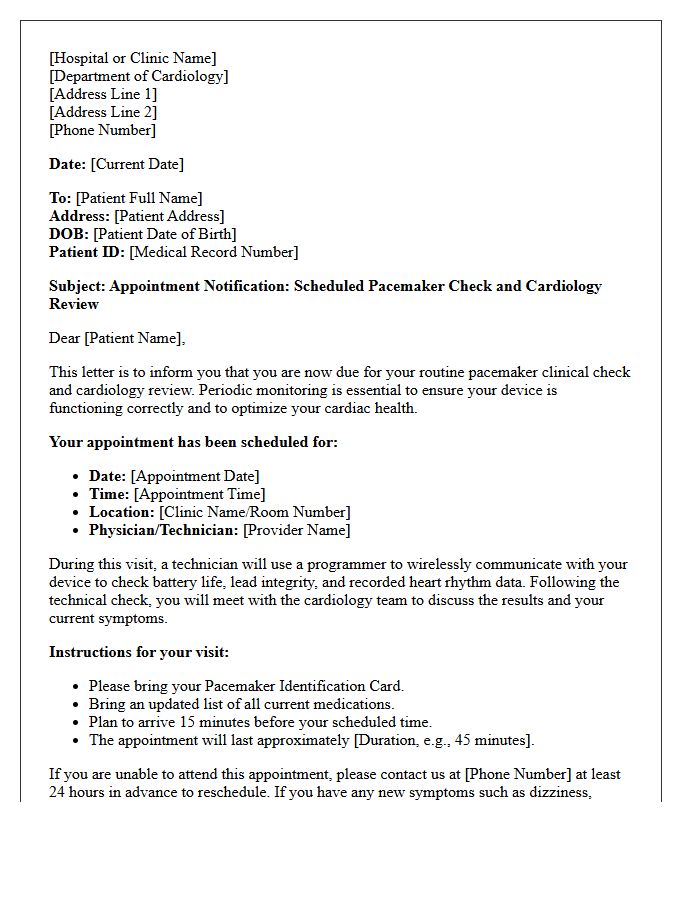 Scheduled Pacemaker Check and Cardiology Review Recall Letter