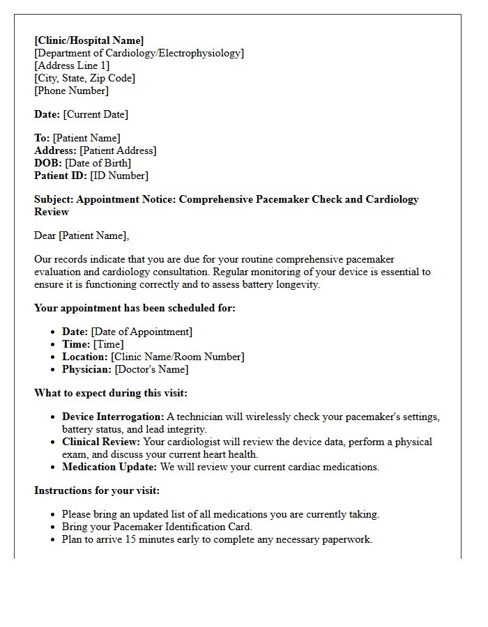 Comprehensive Pacemaker Check and Cardiology Review Recall Letter