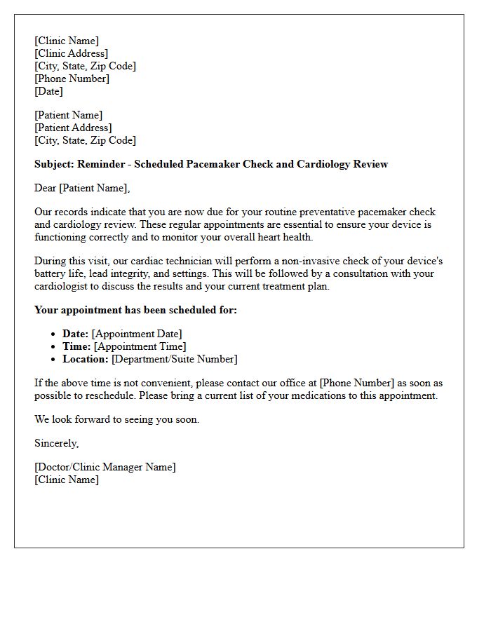 Preventative Pacemaker Check and Cardiology Review Recall Letter