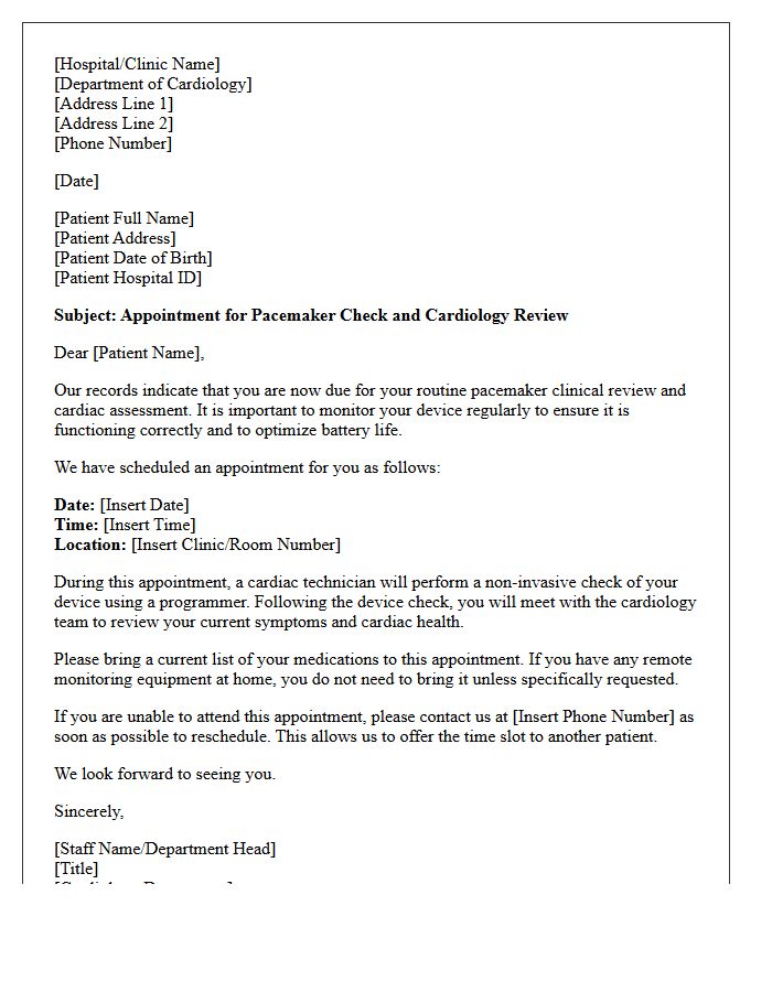 Standard Pacemaker Check and Cardiology Review Recall Letter