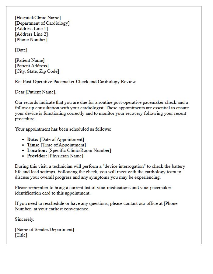 Post-Operative Pacemaker Check and Cardiology Review Recall Letter