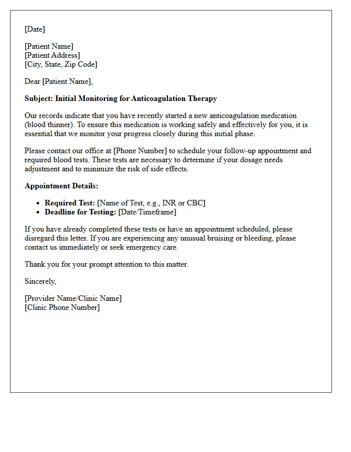 Initial Anticoagulation Therapy Monitoring Recall Letter