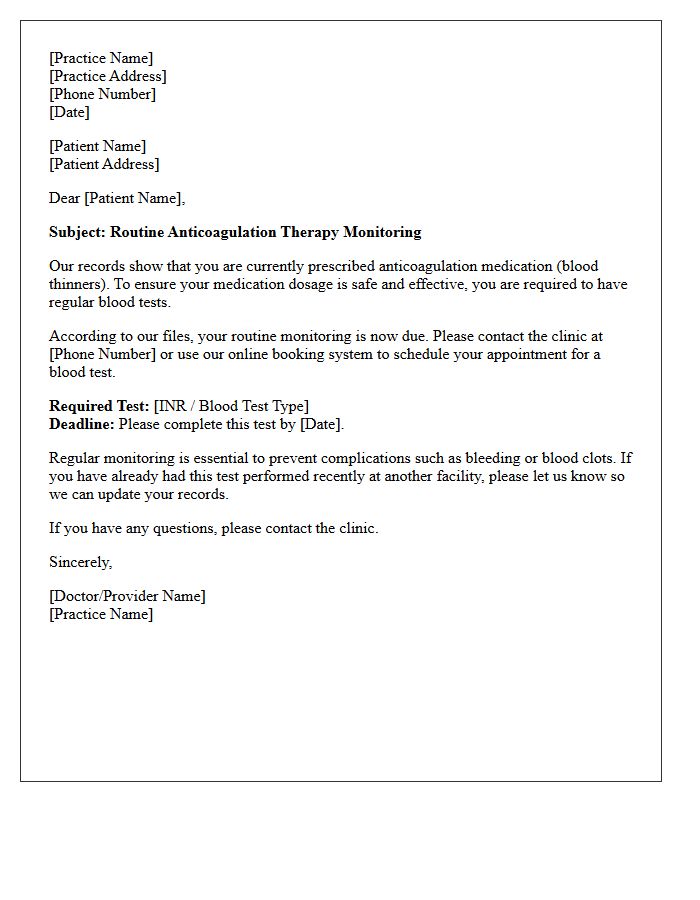 Routine Anticoagulation Therapy Monitoring Recall Letter