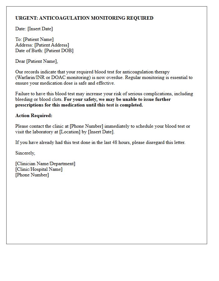 Urgent Anticoagulation Therapy Monitoring Recall Letter