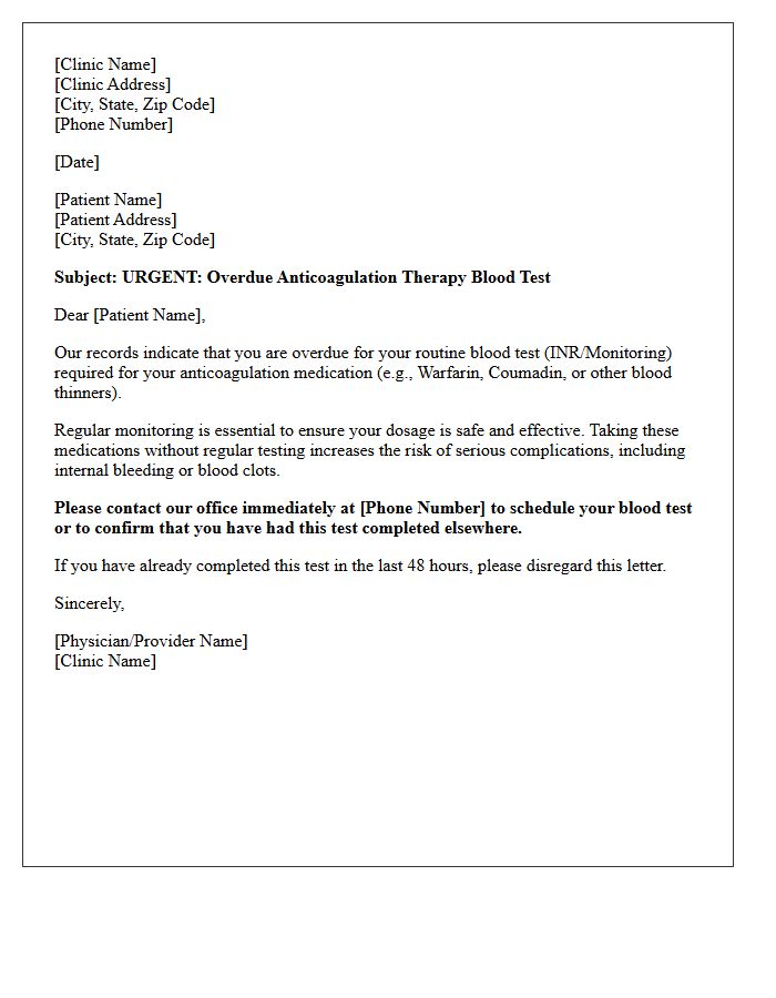Overdue Anticoagulation Therapy Monitoring Recall Letter