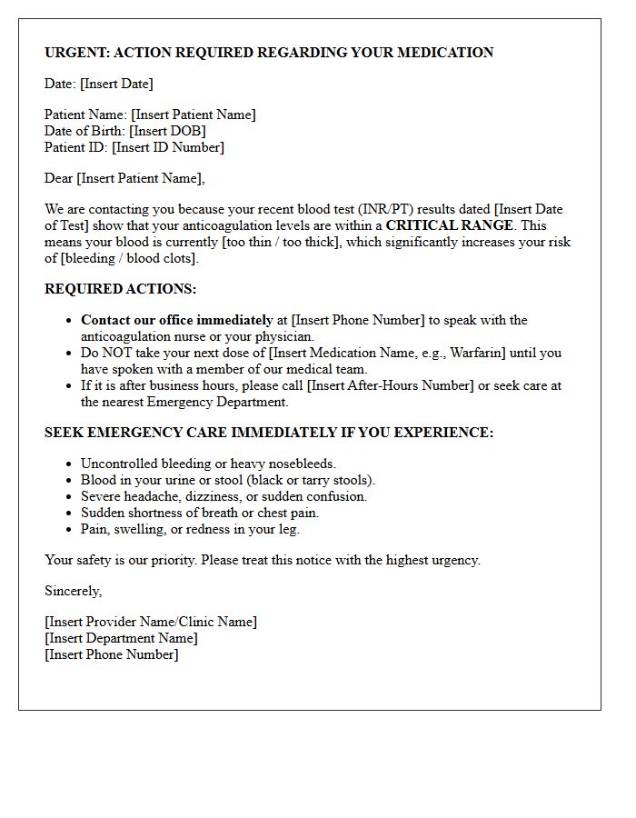 Critical Range Anticoagulation Therapy Monitoring Recall Letter