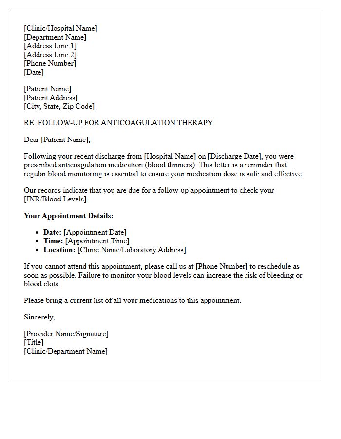 Post-Discharge Anticoagulation Therapy Monitoring Recall Letter