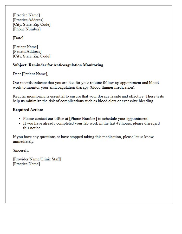 Follow-Up Anticoagulation Therapy Monitoring Recall Letter