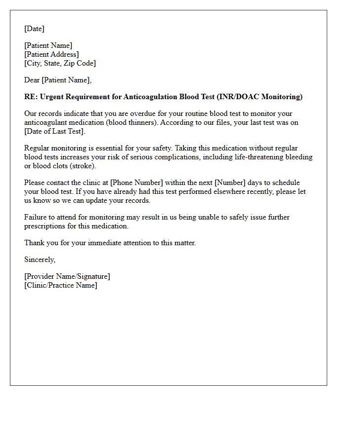 Non-Compliance Anticoagulation Therapy Monitoring Recall Letter