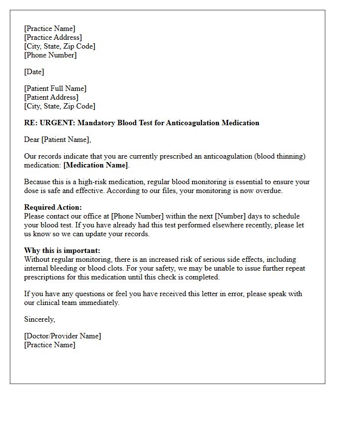 High-Risk Anticoagulation Therapy Monitoring Recall Letter